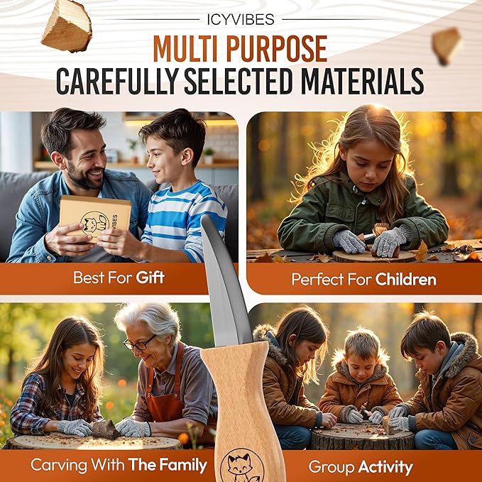 Premium Wood Carving Kit for Kids - 2026 Upgraded 9 PCS Whittling Knife Set with Safety Gloves Chisel Pocket Friendly Working Tools Leather Case Creative Bowl Sharpener Gifts (Gray)