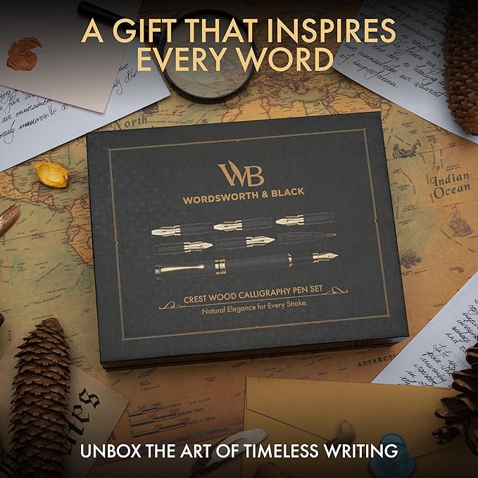 Wordsworth & Black Calligraphy Pen Gift Set, Includes Ink Bottle, 6 Ink Cartridges, Ink Refill Converter, 6 Replacement Nibs, Luxury Bamboo, Journaling, Smooth Writing Pens [Black Wood]