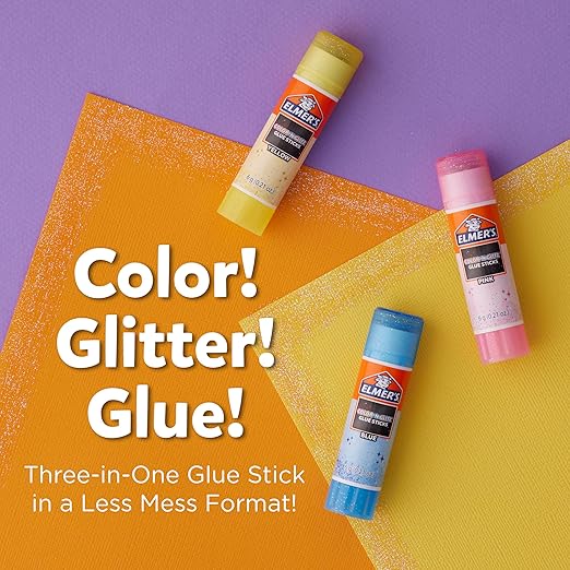 Elmer’s Color 'n Glitz Glue Sticks, Washable, Assorted Colors, Includes Disappearing Purple, 6 Grams 12 Count - Stocking Stuffer, Vision Board, #1 Teacher Brand