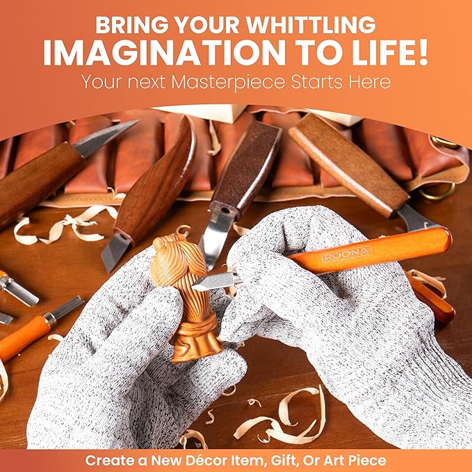 ROONA Wood Carving Kit, 24Pcs Deluxe Kit with Carving Knives, Chisel Set, Sharpening Compound with Polisher, Gloves, Paint Set & Basswood Blocks – Whittling Knife Set with Rolling PU Leather Case