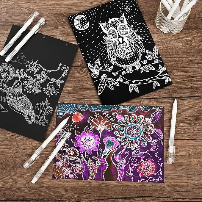 White Gel Pens,0.6/1.0mm Fine Point Gel Ink Pens,Opaque White Ink Pens for Black Paper Drawing, Sketching, Illustration, Card Making, Bullet Journaling,Pack of 6