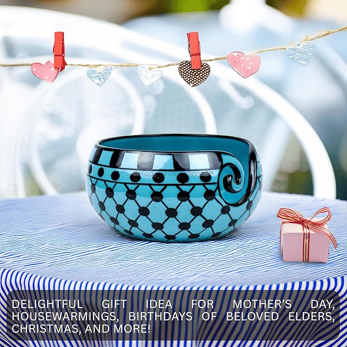 Nagina International Ceramic Attractively Hand Painted Gorgeous Stoneware Yarn Ball Storage Bowl With Innovative Dispensing Curl | Knitting & Crochet Accessions (Small, Dawn Blue)