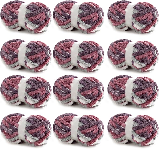 HOMBYS 12 Pack Giant Chunky Yarn for Crocheting & Knitting, Super Bulky Soft Fluffy Tie Dye Plush Fuzzy Mixed Color Thick Chenille Yarn (Red, Purple)