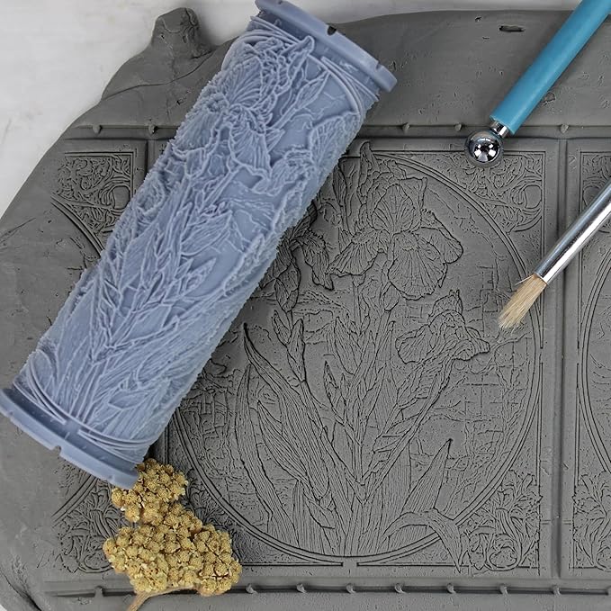Blue Flag Iris Clay Texture Roller (4") - Flower Set #02 - Embossing Pattern Roller for Polymer & Ceramic Clay, Pottery & Crafts