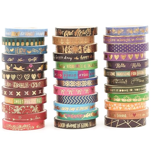 36 Rolls Skinny Washi Tape Set Gold Foil Detailing Arts Adhesive Tapes Basic Patterns Decorative Masking Tape Sets for Craft, Kids, Scrapbook, DIY, Gift Wrapping (Bronzing Letters)