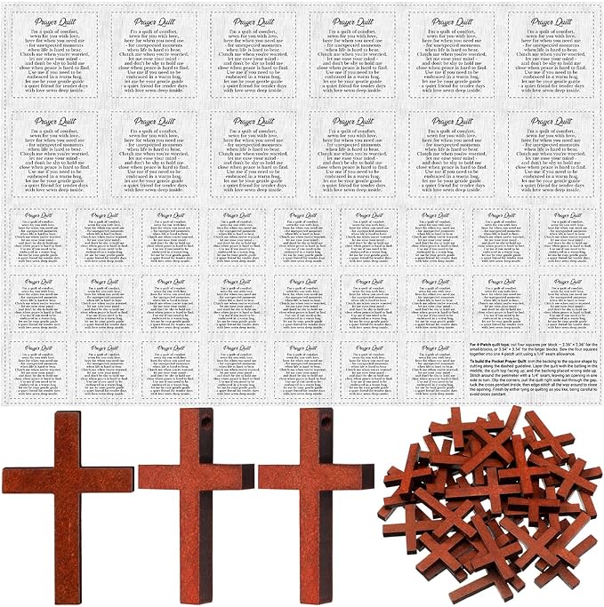 Pocket Prayer Quilt Panel Squares with Small Wooden Crosses Mini Scripture Pocket Prayer Quilt for Friend Family Religious Spiritual Gift Easter Reward Gift(Retro,Burlywood)
