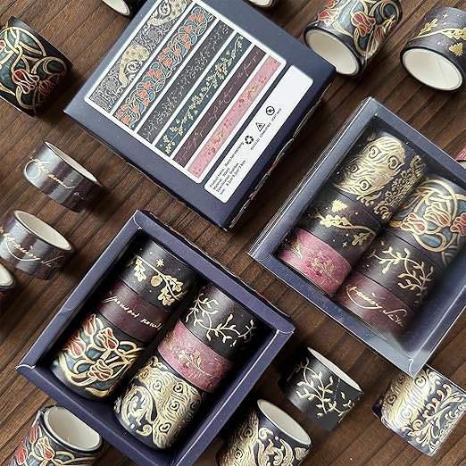 YUBX Vintage Washi Tape Set 6 Rolls Wide Retro Decorative Gold Foil Antique Patterns Masking Tapes for Arts, DIY Crafts, Journals, Planners, Scrapbook, Wrapping