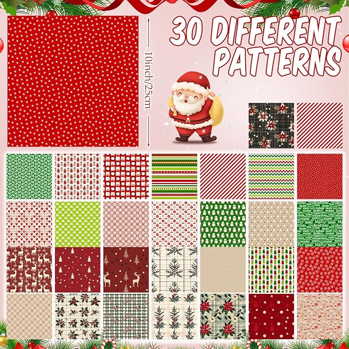 Tatuo 30 Pcs 10 x 10 Inches Christmas Cotton Fabric Bundle Squares Patchwork Floral Fabric Sewing Quilting Bundles Assorted Pattern cloth for DIY Scrapbook Craft Making