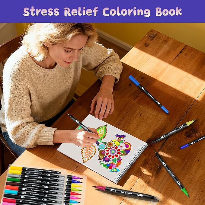 Adult Coloring Book Set with 36 Dual-Tip Markers, 30 Patterns Spiral Bound Coloring Book for Adults Relaxation, Crafts for Adults Women, Anxiety Relief Mindfulness Relaxation Gifts for Adult