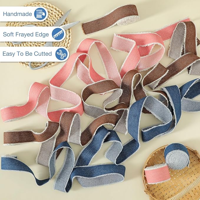 Pretty Jolly Khaki Denim Ribbon for Crafts Handmade Rustic Frayed Cotton Jean Fabric Ribbon for Flower Bouquet 15 Yards 1 Inch Cloth Ribbons for Gift Wrapping Hair Sewing Accessories Holiday Decor