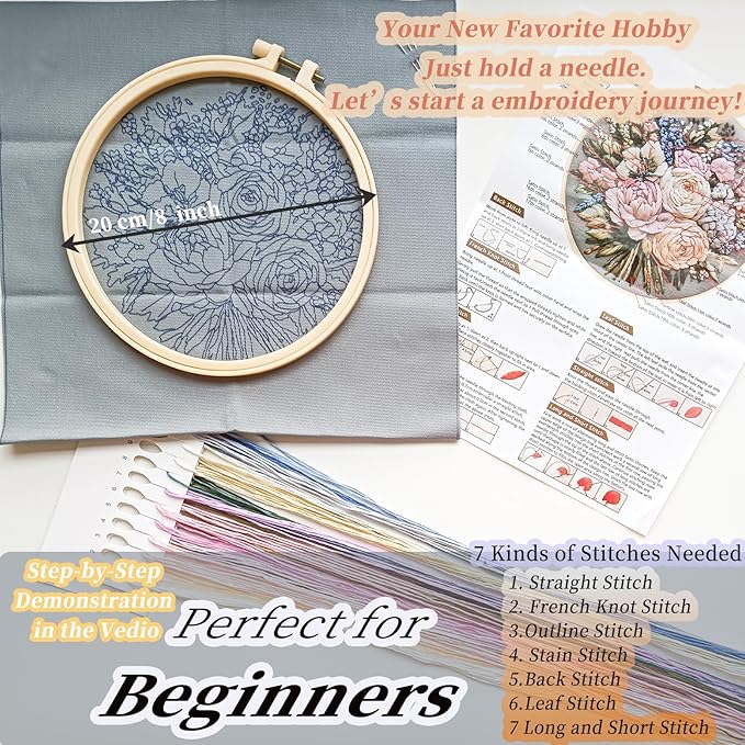 FONNUY Bouquet Flowers Embroidery Kit for Beginners, Pre-Stamped Pattern Kits for Adults with Hoop, Easy to Follow Color Thread Needlework, 8'' Hoop (Heartwarming)