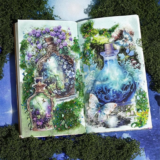 Large Floral Magical Potion Bottle Sticker Set – 60 Pcs Colorful Fantasy Potion Bottle Aesthetic Decals for Scrapbooking, Journals, Laptops Art Crafts, Witch Supplies