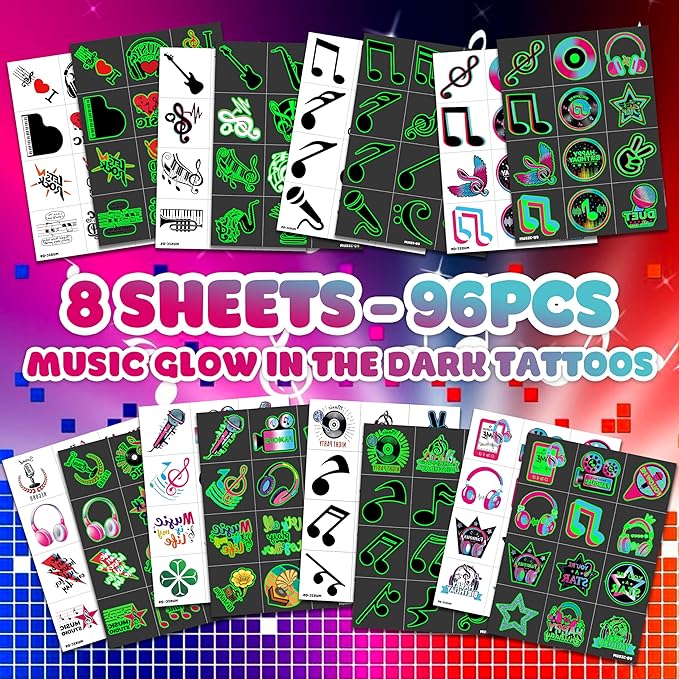 96PCS Music Note Notes Musical Pre-Cut Luminous Glow in the dark Temporary Tattoos for Kids Birthday Themed Party Supplies Decorations Favors Super Cute Instrument Stickers Tattoo Gifts for Boys Girls