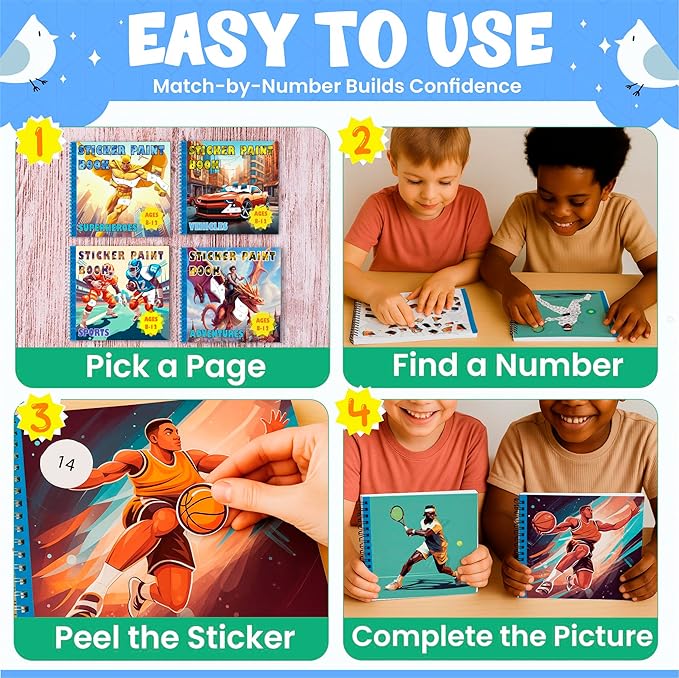 BulbaCraft 4Pcs Sticker Paint Books - Sticker Books by Number with Superheroes, Sports, Vehicles and Adventures - Coloring Activity