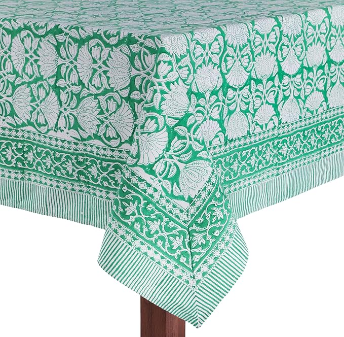 ATOSII Meadow Green 100% Cotton Rectangle Boho Summer Tablecloth, Block Print Floral Table Cloth Linen for Dining, Parties, Wedding, Outdoors Home Decor 72 X 108 Inches I 8 Seater