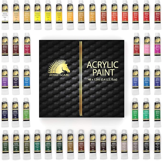 MyArtscape Acrylic Paint Set - 48 x 12ml Tubes - Lightfast - Heavy Body - Non Fading - Vibrant Colors - Artist Quality Painting Supplies - Professional Grade Paints