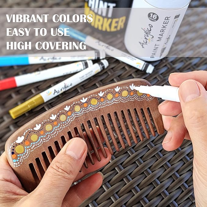 Acrylic Paint Markers Set of 16 Paint Pens – Fine Tip for Fabric, Rock, Metal, Ceramic, Adult Coloring & Art Projects – Art Supplies for Kids & Adults