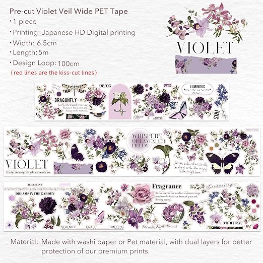 WT Pre-Cut Violet Veil Wide PET Tape, Single Roll, Soft Lilac Blossoms & Misty Backgrounds with Elegant Script, Transparent Decorative Tape for Journaling, Scrapbooking, Planner, DIY Crafts, 65mm x 5m
