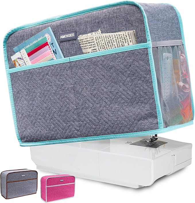AMOIGEE Sewing Machine Cover for Brother, Singer, Janome – Quilted Dust Cover with Storage Pockets, Padded Protective Sewing Machine Case Fits Most Standard Sewing Machines (17" x 7" x 12")