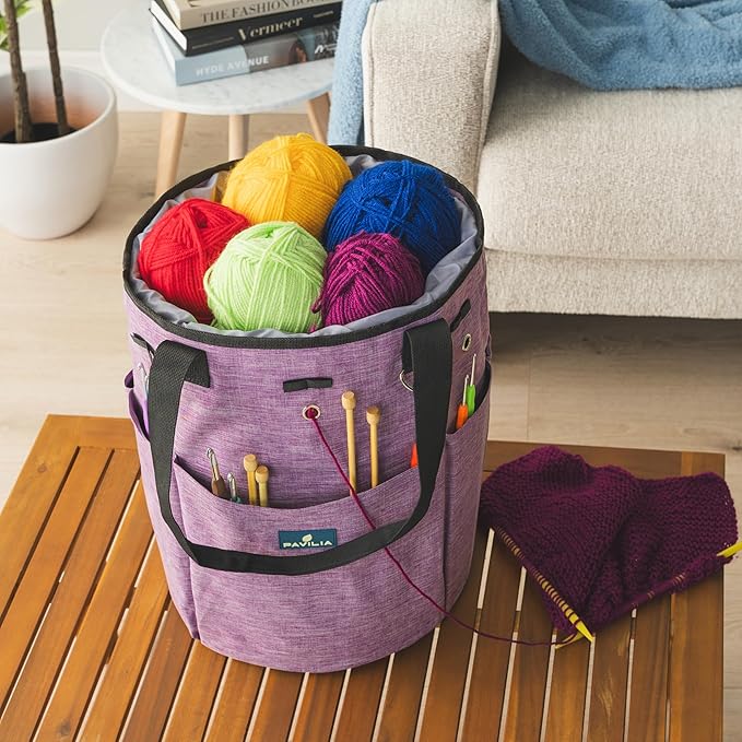 PAVILIA Crochet Bag Knitting Bag Organizer, Yarn Bag Storage Tote for Crocheting On The Go, Knitting Accessories Supplies Holder with Grommets, Gift for Crochet Lovers Knitters (Heather Purple)