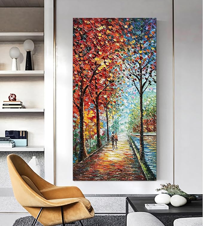 Art Hand-Painted Landscape Oil Painting Wall Art 24x48 Inchs Contemporary Abstract Vertical Texture Oil Painting for Living Room Bedroom Wall Decoration