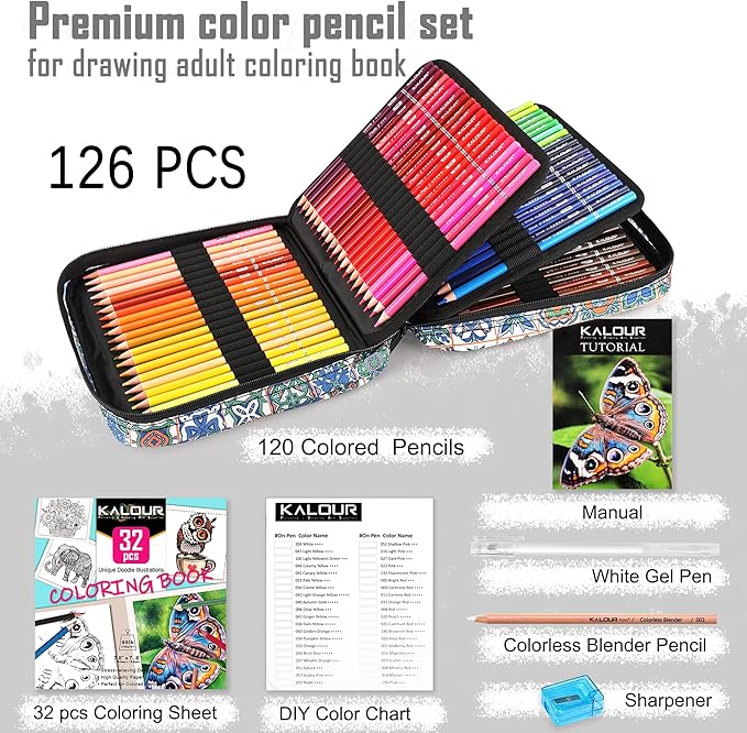 126 PCS Colored Pencils Set, with Coloring Books, Tutorial, Color Chart, 120 Premium Soft Core Colored Pencils for Artists Adults Teens Coloring Drawing, Portable Zipper Case
