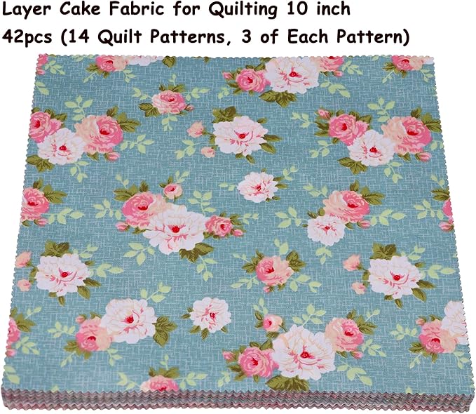 Layer Cake Fabric for Quilting 10 inch; Layer Cakes 10 inch Squares for Quilting; 42 10x10 inch Retro Floral Print Precut Cotton Fabric Squares Bundles for Sewing, Quilting, and DIY Crafts
