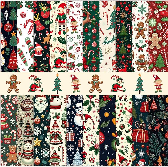Oudain 60 Pcs 10 x 10 Inch Christmas Elf Quilting Fabric Squares Christmas Fat Patchwork Precut Strips Gingerbread Man Candy Cane Fabric Bundles for Xmas DIY Craft Sewing Handmade Materials