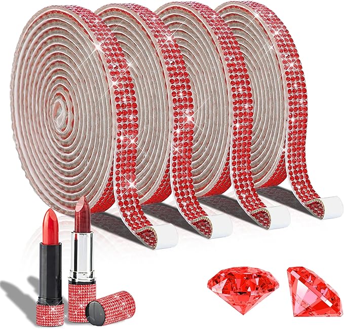 4 Rolls Self Adhesive Crystal Rhinestone Ribbon Diamond Bling Tape with 2 mm Rhinestones Strips Sticker for Arts Crafts Wedding Birthday Party DIY Event Car Phone Decoration (Red)