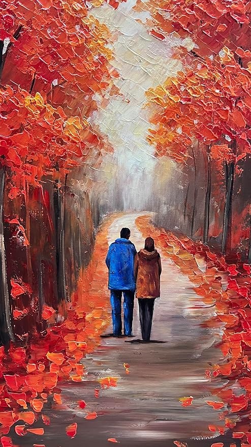 Autumn Forest Path Canvas Wall Art, Red Fall Trees Oil Painting, Large Modern Textured Artwork