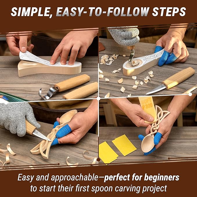 BeaverCraft Wood Spoon Carving Kit for Beginners DIY04 - Whittling Set Includes Spoon Carving Tools, Sloyd Whittling Knife Hook Knife, Basswood Blank - Woodworking Hobby Kit for Adults & Kids