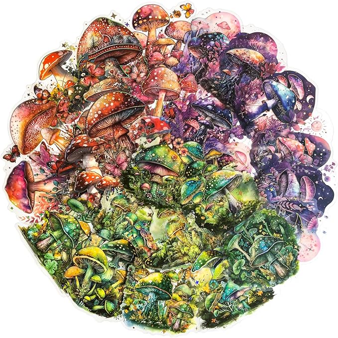 60PCS Holographic Mushroom Stickers for Scrapbooking – Clear Fairycore Aesthetic Stickers with Fantasy Glow, Cottagecore Fungi Forest Decals for Journaling, Planners, Resin Crafts, Laptop Decor