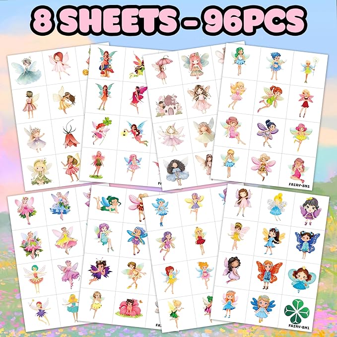 96PCS Fairy Temporary Tattoos Pre-Cut for Kids, Woodland Fairy Theme Birthday Party Favors Supplies, Cute Magical Stickers for Girls, Party Decorations, Classroom Gifts, Prizes and Rewards (Normal)