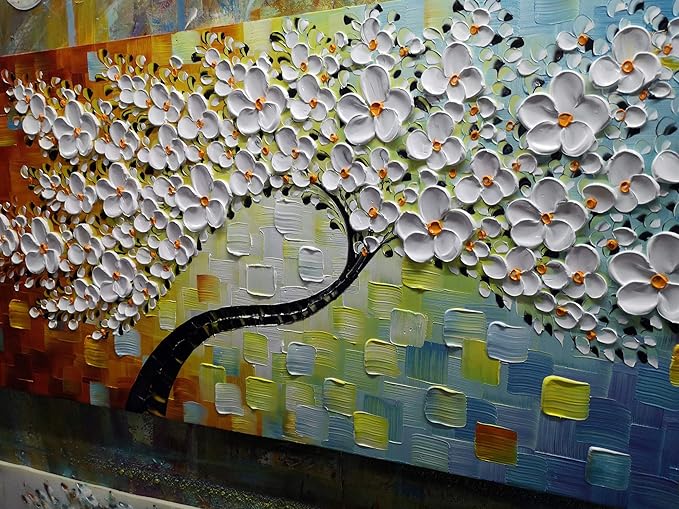 YaSheng Art -100% Hand Painted Contemporary Art 3D Whit Flowers Oil Painting On Canvas Texture Palette Knife Tree Paintings Modern Home living room Decor Art Large Abstract Canvas Art 24x60inch