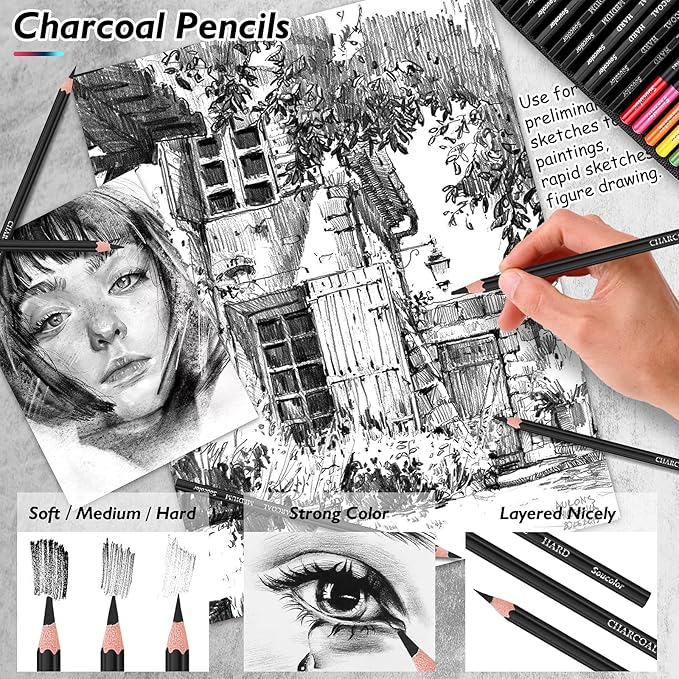 Soucolor 73 Pack Art Supplies Sketching Kit for Adults Gifts, Drawing Sketching Pencils with Sketchbook, Coloring Book, Colored Watercolor Metallic Graphite Charcoal Pencils