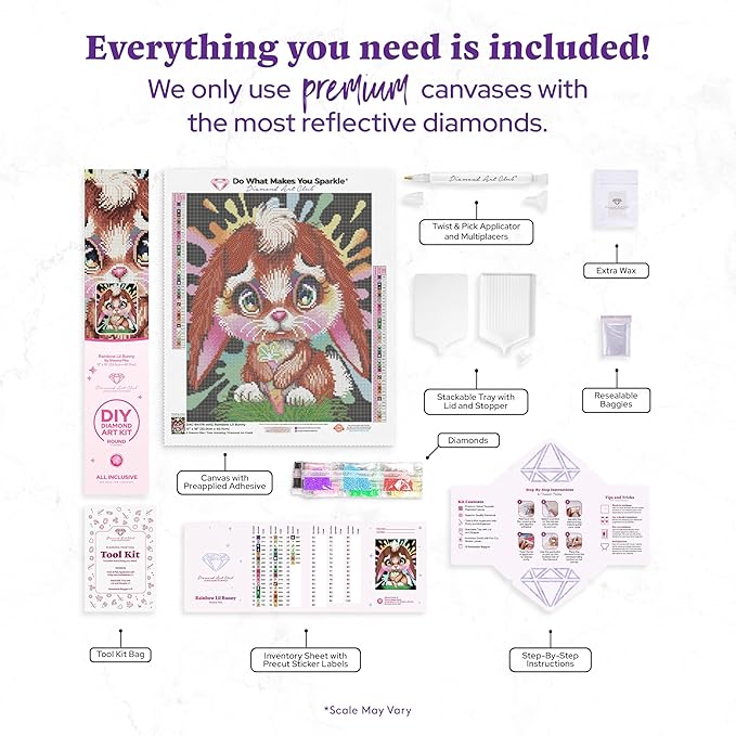 DIAMOND ART CLUB Rainbow Lil Bunny Diamond Painting Kit, Fun DIY Crafts for Adults, Round Diamond Art Canvas, 13" x 16"