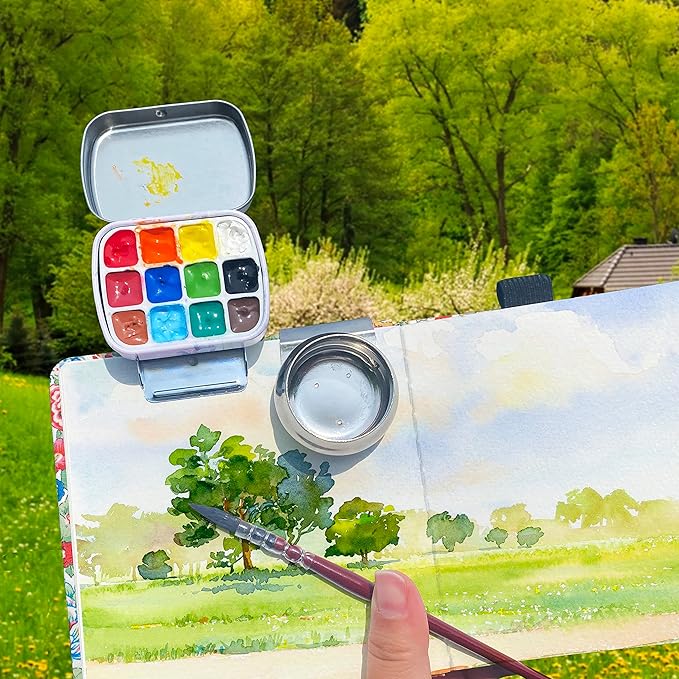 Portable Mini Tin Box,12-Well Empty Watercolor Palette,Small Paint Storage Travel Artist Outdoor Sketch Watercolor Kits with Magnetic Clip and Oil Pot .Lying Cat