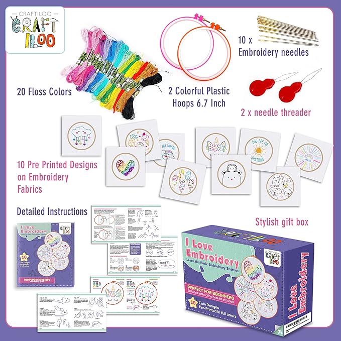 10 Pre-Stamped Embroidery Patterns for Beginners Embroidery Kit for Kids Girls Needlepoint Kits for Beginners Cross Stitch Craft Sewing Perfect for Ages 7-13