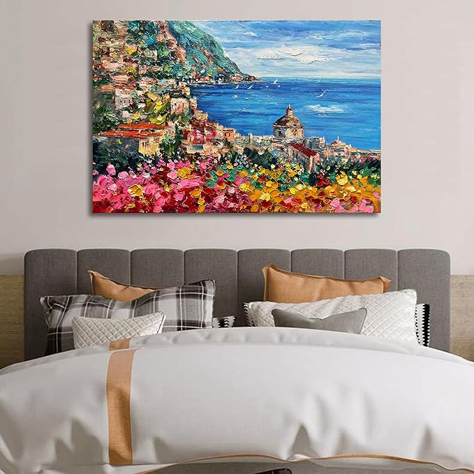 Art Hand Painted Seaside Town Landscape Oil Painting Modern Abstract Art Home Wall Deco Art 30x45 inches