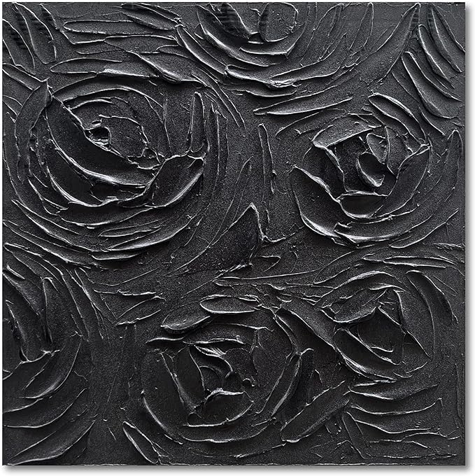 Art Hand-Painted Abstract Three-Dimensional Textured Black Rose Flower Art Oil Painting, 24x24 inches. Modern Minimalist Style Art. Suitable for Wall Decoration in Home Office