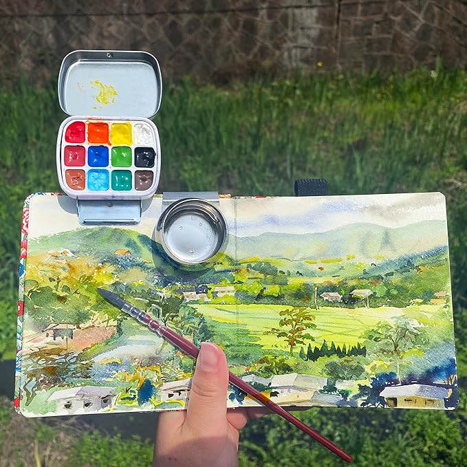 Portable Mini Tin Box,12-Well Empty Watercolor Palette,Small Paint Storage Travel Artist Outdoor Sketch Watercolor Kits with Magnetic Clip and Oil Pot. Pink Crane