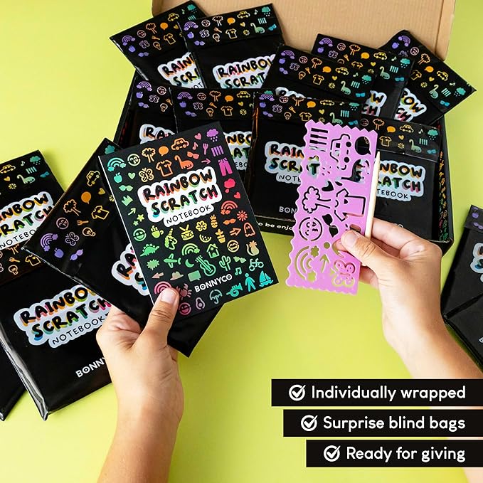 BONNYCO Rainbow Scratch Art for Kids 16 Sets with Notebook, Stencil and Wooden Stylus. Party Favors, Goodie Bags Stuffers for Kids, Classroom Prizes. End of Year Gifts Ages 3 to 12