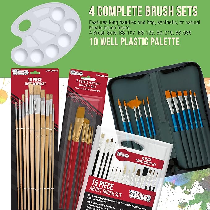 U.S. Art Supply 133-Piece Artist Painting Kit - Aluminum & Wood Easel, 24 Each (Acrylic, Oil, Watercolor Paints), 8 Canvases, 44 Brushes, 4 Paint & Sketch Pads - Painting Kits for Adults, Gift Set