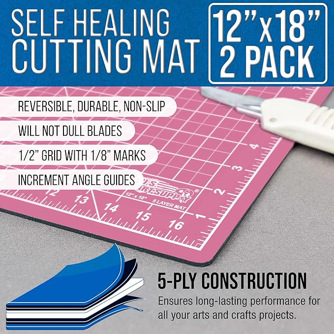 U.S. Art Supply 12" x 18" Self-Healing Cutting Mat 5-Ply (2 Pack) - Double-Sided Pink/Blue Craft Mat, Non-Slip Cutting Mats for Crafts, Sewing, Quilting, Scrapbooking