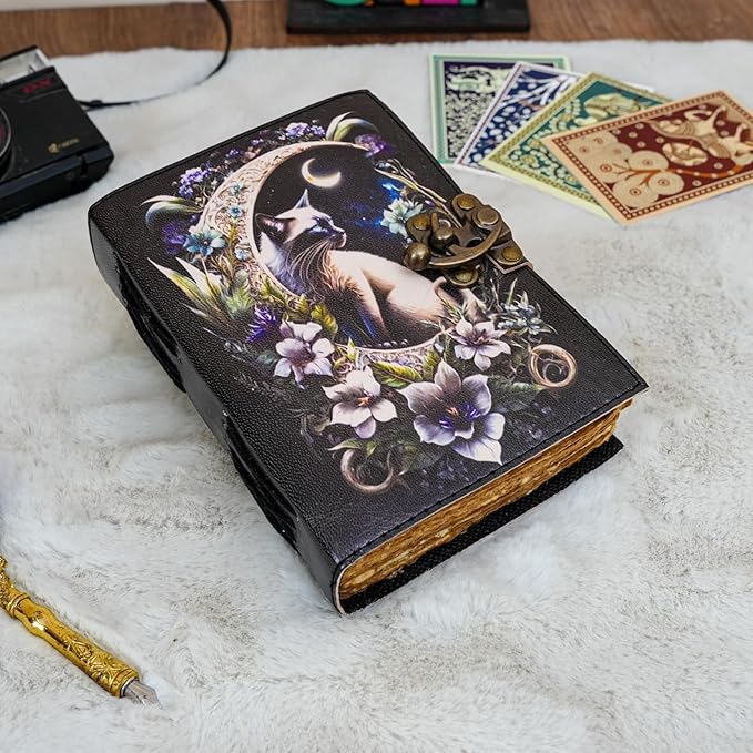 Blank Spell Book of Shadows Journal Little Witch Cat Printed Witchcraft Supplies Wiccan Notebook Handmade Vintage Deckle Paper Grimoire Journal Leather Sketchbook, Drawing Journal (7 X 5)