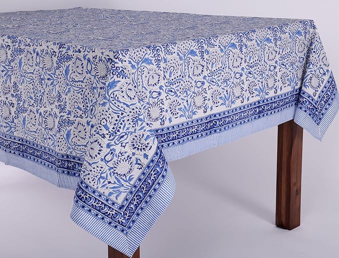 ATOSII Indigo Bloom 100% Cotton Rectangle Fall Tablecloth, Handblock Floral Linen Table Cloth for Dining Table I Parties Christmas Thanksgiving Grand Millennial Home Decor 72 X 140 Inches I 12 Seater