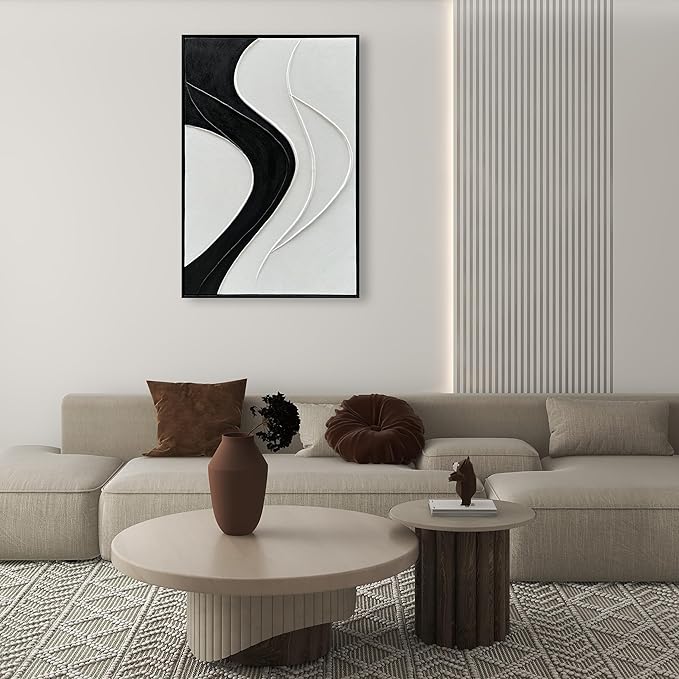 NANKAI Art Hand-Painted Thick Texture White and Black Minimalist Oil Painting 36x24 inch Large Home Wall Decorative Art Oil Painting (with Solid Wood Exterior Frame)