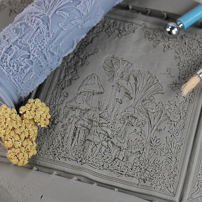 Wild Mushrooms Clay Texture Roller (4") - Forest Set #01 - Embossing Pattern Roller for Polymer & Ceramic Clay, Pottery & Crafts