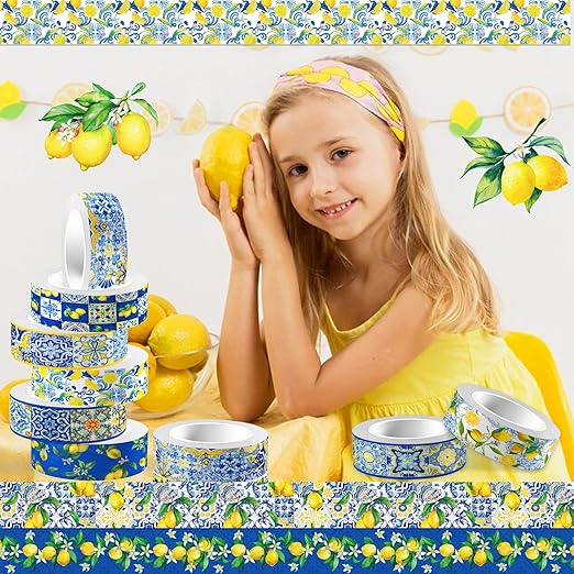 Adirasenotek Lemon Washi Tape 12 Rolls, Blue Tiles Yellow Lemon Printed Decorative Washi Tape Set, DIY Art Crafts Wrapping Decor for Gifts Wrapping,Wedding Bridal Shower