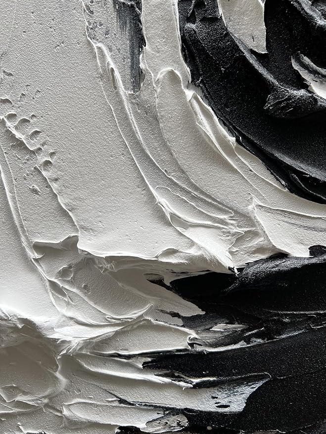 NANKAI Art Hand Drawn Thick Textured Black and White Abstract Art Oil Painting in Modern Minimalist Style, 36x24 inches. Decorative Wall Painting for Home Office or Corridor